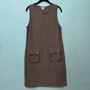 J. Jill Tweed Shift Dress Brown Black Front Pockets Size Small Preppy Academia